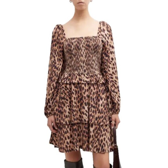 Figue Marcella Leopard Print Puff-Sleeve Tiered Smocked Mini Dress size XS NWT - Picture 1 of 10